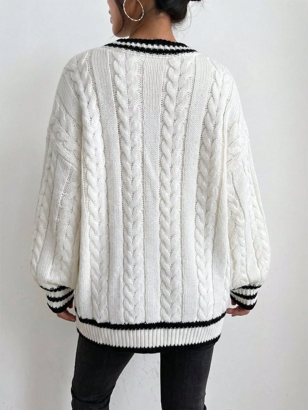 Black and White Casual Women's Oversized V Neck Drop Shoulder Button Cardigan - Picture 2 of 5